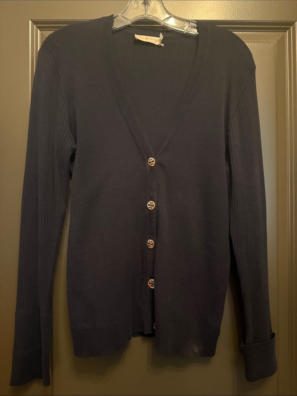 Tory Burch Navy Button V-Neck Cardigan Ribbed Cotton